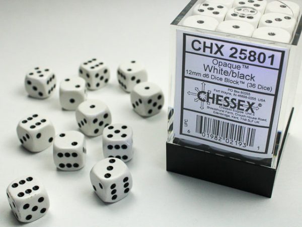 Opaque White black 12mm d6 Dice Block (36 dice) on Sale