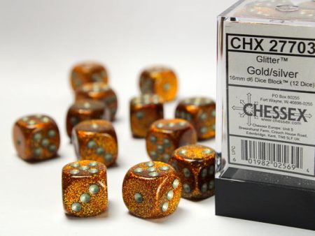 Glitter Gold silver 16mm d6 Dice Block (12 dice) For Discount