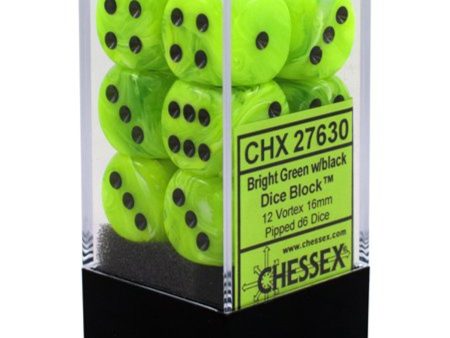 Vortex: Bright Green Black 16mm D6 Dice Block (12 Dice) Online Hot Sale