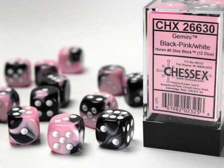 26630 Gemini® 16mm d6 Black-Pink white Dice Block™ (12 dice) Discount